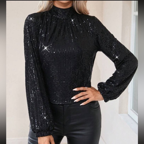 Luxe Sequin Drape Cowl Neck Open Back Backless Party Top Blouse Shirt Blackj - Picture 3 of 4